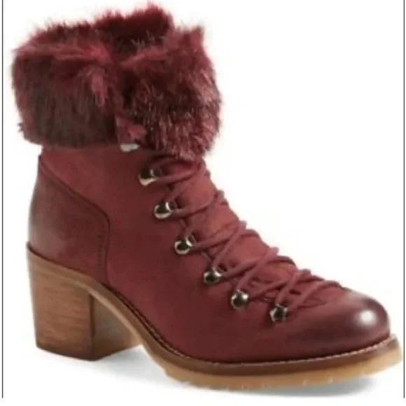 Steve Madden Huck Burgundy Leather Faux Fur Lace-Up Boots - Picture 1 of 8